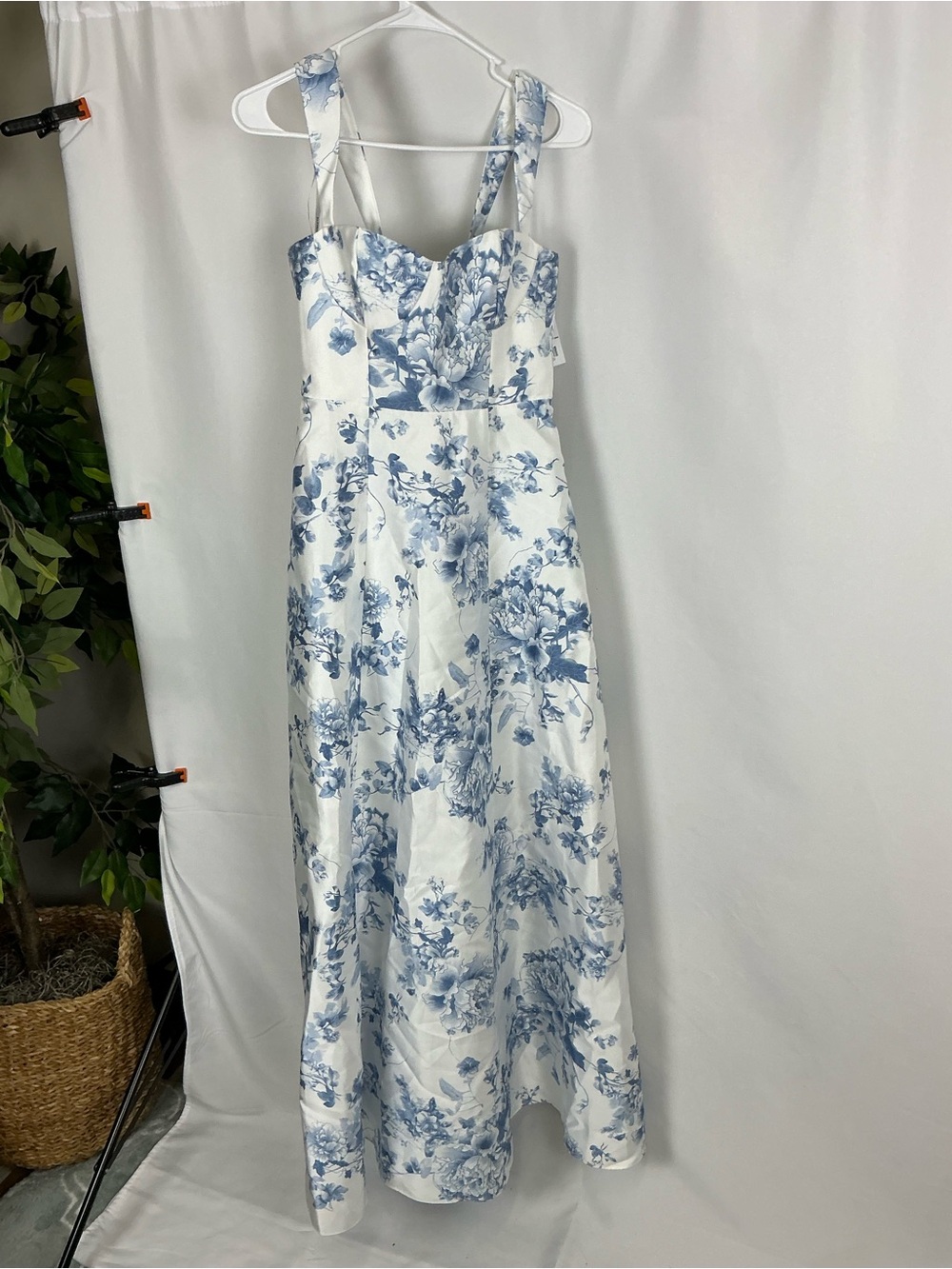 ALFRED SUNG Blue and White Floral Satin Bustier Maxi Dress - Picture 2 of 5